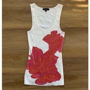 Express vtg Y2K White Ribbed Pima Cotton Sequin Floral Tank Top S beach Coastal